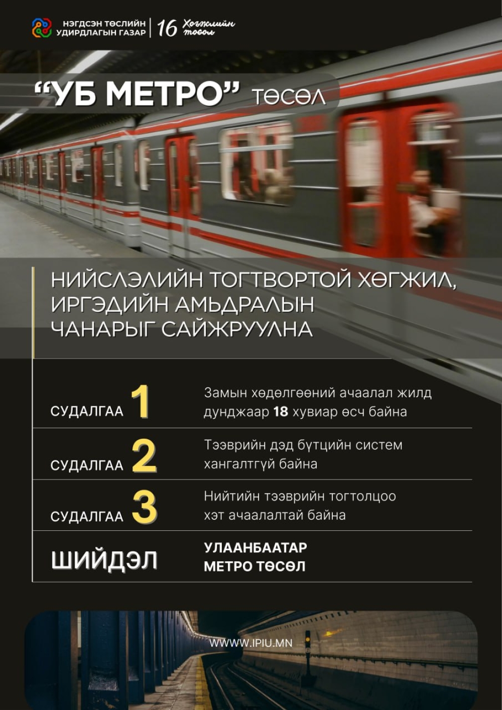 “Уб метро” төсөл нь нийслэлийн тогтвортой хөгжил, иргэдийн амьдралын чанарыг сайжруулах зайлшгүй шийдэл юм