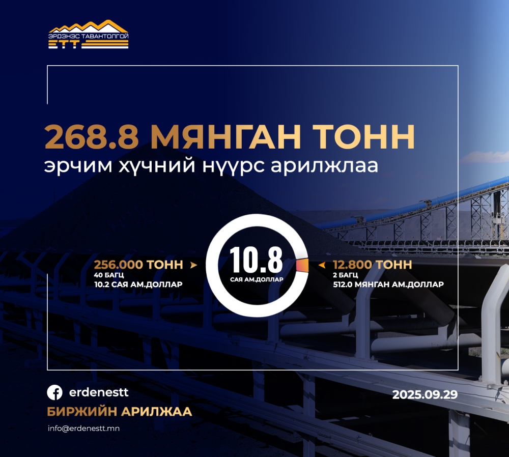 "ЭРДЭНЭС ТАВАНТОЛГОЙ" ХК 10.8 САЯ АМ.ДОЛЛАРЫН ҮНИЙН ДҮН БҮХИЙ 268.8 МЯНГАН ТОНН НҮҮРС АРИЛЖЛАА