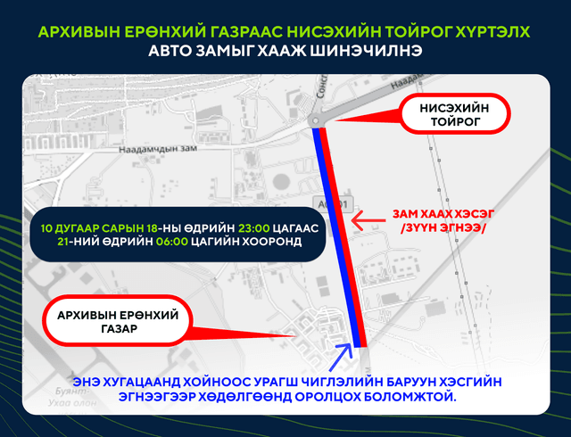 Архивын ерөнхий газраас Нисэхийн тойрог хүртэлх авто замыг хааж шинэчилнэ