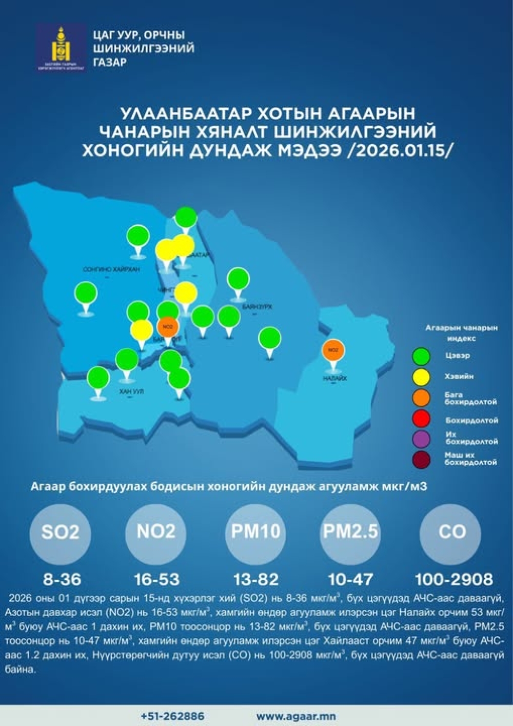 Улаанбаатар хотын агаарын чанар 2026 оны 01 дүгээр сарын 15-ны өдөр